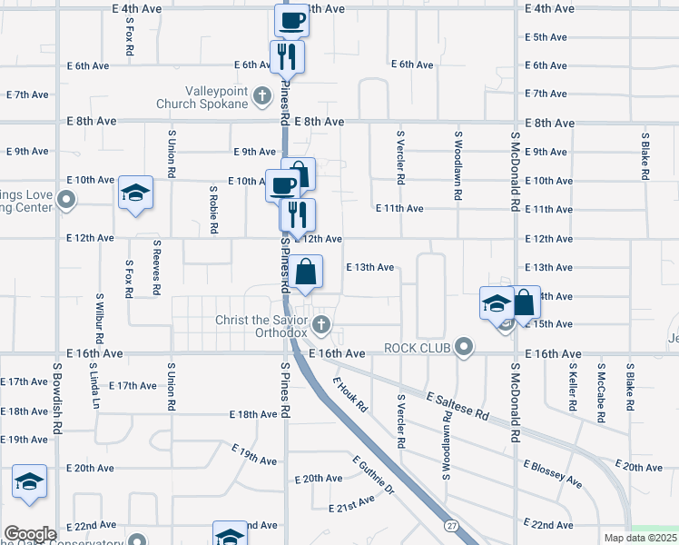 map of restaurants, bars, coffee shops, grocery stores, and more near 1321 South Houk Road in Spokane Valley