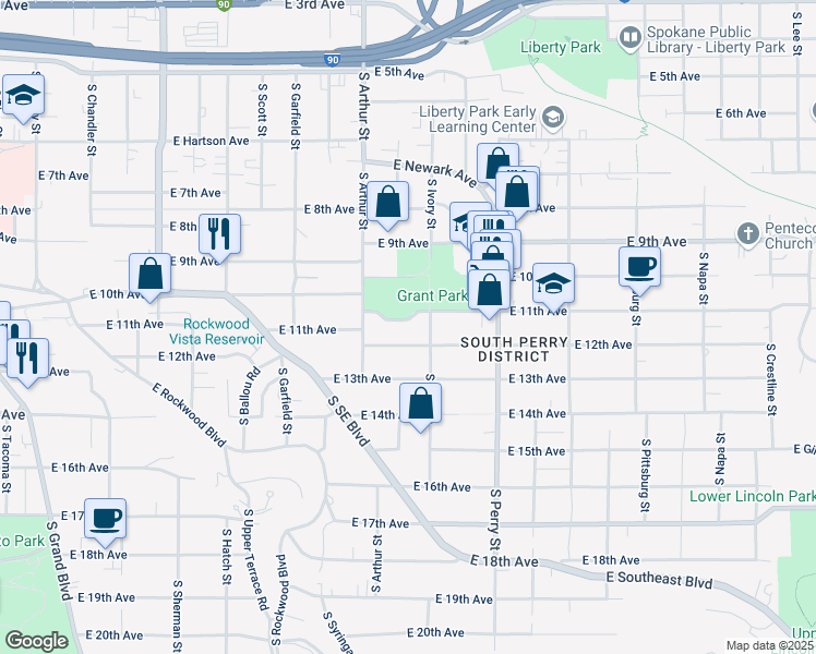 map of restaurants, bars, coffee shops, grocery stores, and more near 1122 East 12th Avenue in Spokane