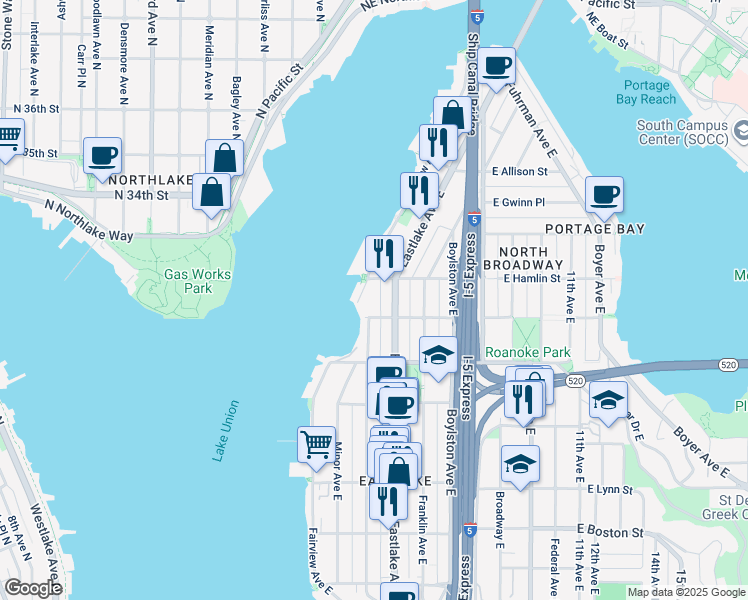 map of restaurants, bars, coffee shops, grocery stores, and more near 128 East Edgar Street in Seattle