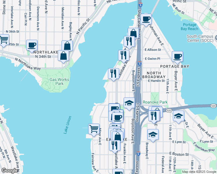 map of restaurants, bars, coffee shops, grocery stores, and more near 128 East Edgar Street in Seattle