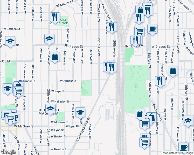 map of restaurants, bars, coffee shops, grocery stores, and more near 2653 22nd Avenue West in Seattle