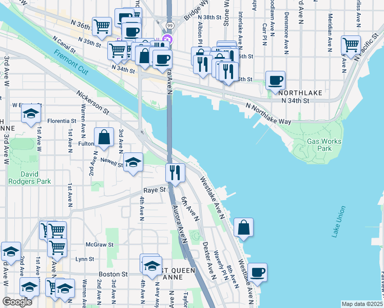 map of restaurants, bars, coffee shops, grocery stores, and more near 2738 Westlake Avenue North in Seattle