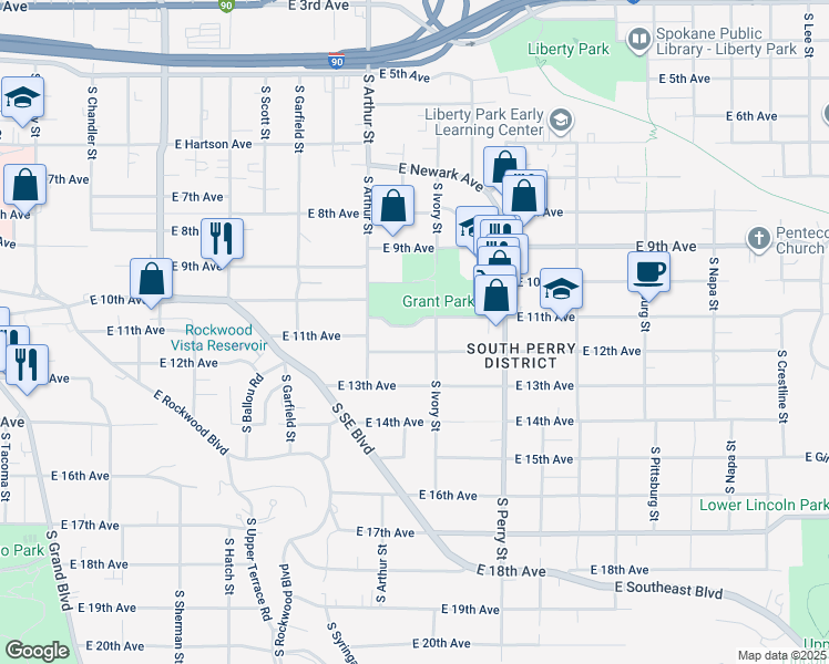map of restaurants, bars, coffee shops, grocery stores, and more near 1122 East 12th Avenue in Spokane