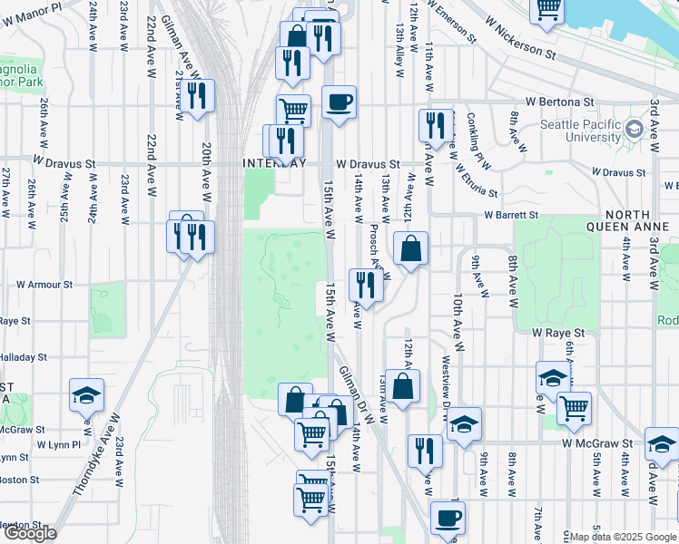 map of restaurants, bars, coffee shops, grocery stores, and more near 2800 15th Avenue West in Seattle