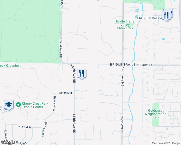 map of restaurants, bars, coffee shops, grocery stores, and more near 13501 Northeast 38th Place in Bellevue