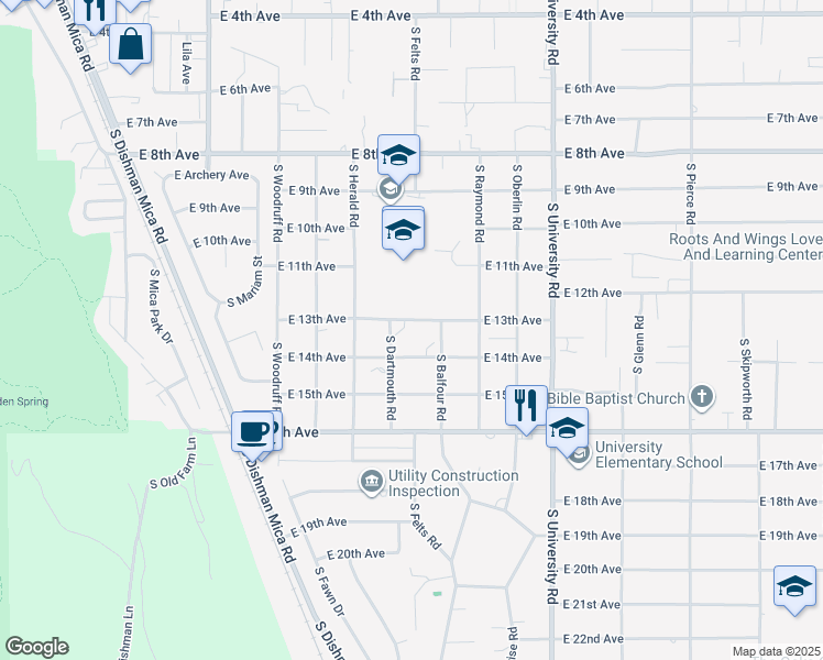 map of restaurants, bars, coffee shops, grocery stores, and more near 10207 East 14th Avenue in Spokane Valley