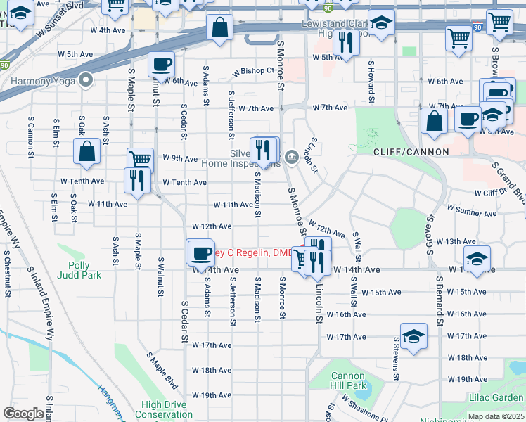 map of restaurants, bars, coffee shops, grocery stores, and more near 1036 West 12th Avenue in Spokane