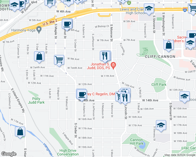 map of restaurants, bars, coffee shops, grocery stores, and more near 1124 West 12th Avenue in Spokane
