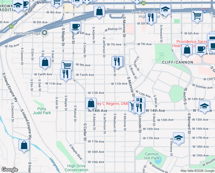 map of restaurants, bars, coffee shops, grocery stores, and more near 1124 West 12th Avenue in Spokane