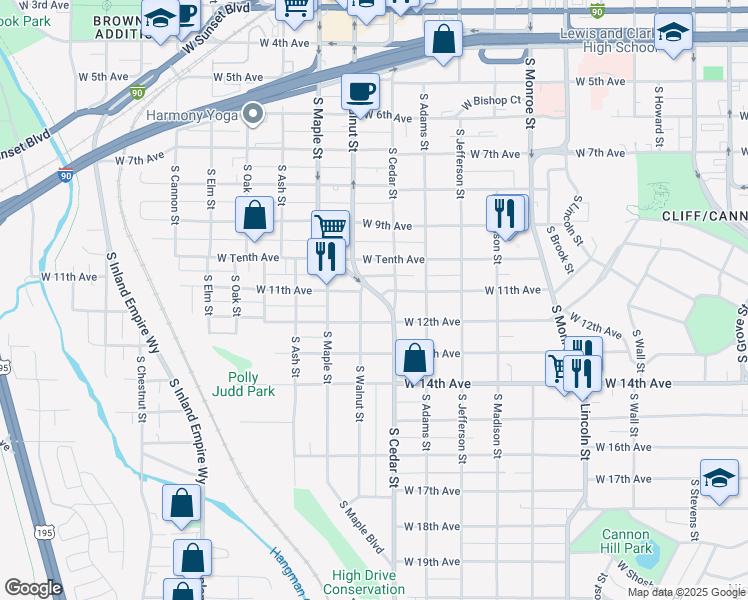 map of restaurants, bars, coffee shops, grocery stores, and more near 1421 West 12th Avenue in Spokane