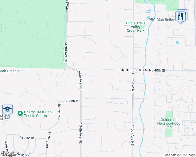 map of restaurants, bars, coffee shops, grocery stores, and more near 13501 Northeast 38th Place in Bellevue