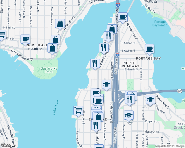 map of restaurants, bars, coffee shops, grocery stores, and more near 128 East Edgar Street in Seattle