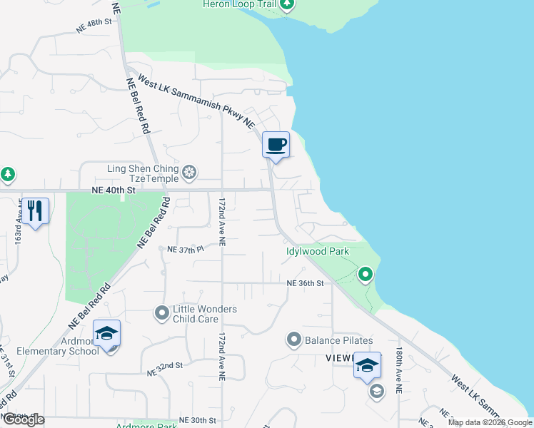 map of restaurants, bars, coffee shops, grocery stores, and more near 17411 Northeast 39th Court in Redmond