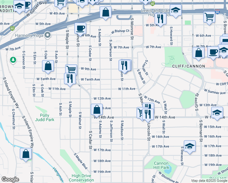 map of restaurants, bars, coffee shops, grocery stores, and more near 1124 West 12th Avenue in Spokane