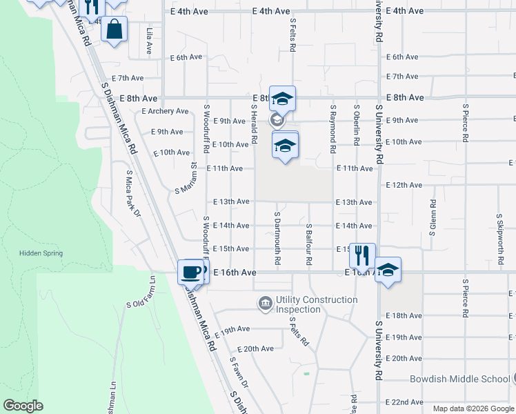 map of restaurants, bars, coffee shops, grocery stores, and more near 10117 East 14th Avenue in Spokane Valley
