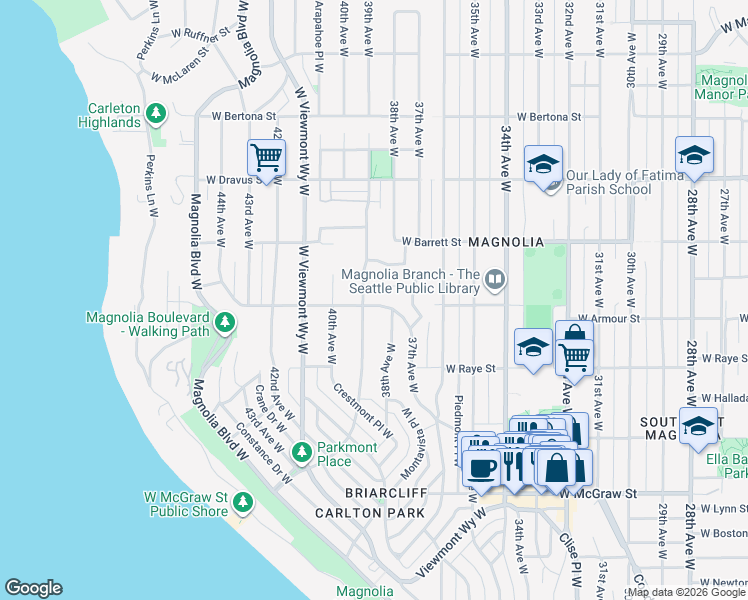 map of restaurants, bars, coffee shops, grocery stores, and more near 2800 39th Ave W in Seattle