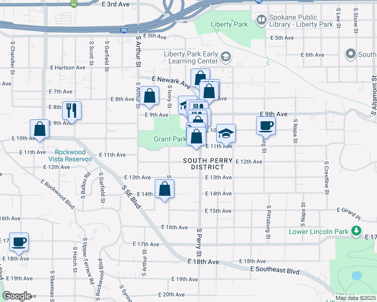 map of restaurants, bars, coffee shops, grocery stores, and more near 1224 East 12th Avenue in Spokane