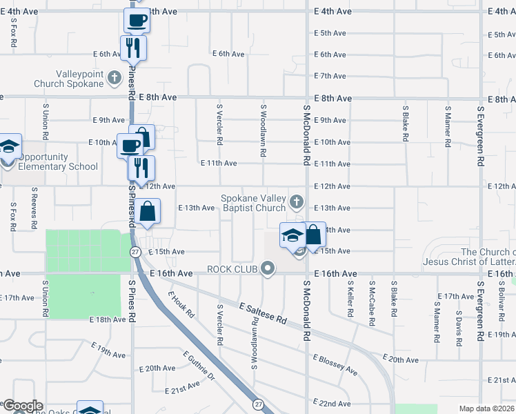 map of restaurants, bars, coffee shops, grocery stores, and more near 1322 South Woodlawn Road in Spokane Valley
