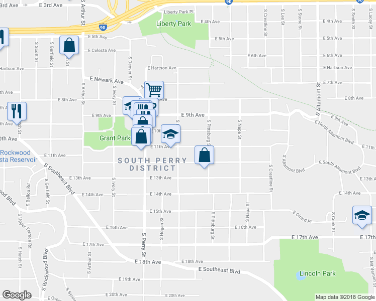 map of restaurants, bars, coffee shops, grocery stores, and more near 1604 East 12th Avenue in Spokane