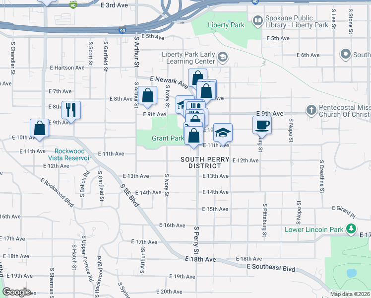 map of restaurants, bars, coffee shops, grocery stores, and more near 1224 East 12th Avenue in Spokane