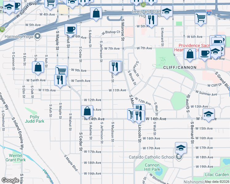 map of restaurants, bars, coffee shops, grocery stores, and more near 1036 West 12th Avenue in Spokane