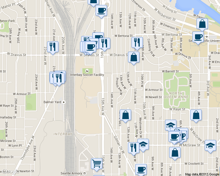 map of restaurants, bars, coffee shops, grocery stores, and more near 2650 14th Avenue West in Seattle