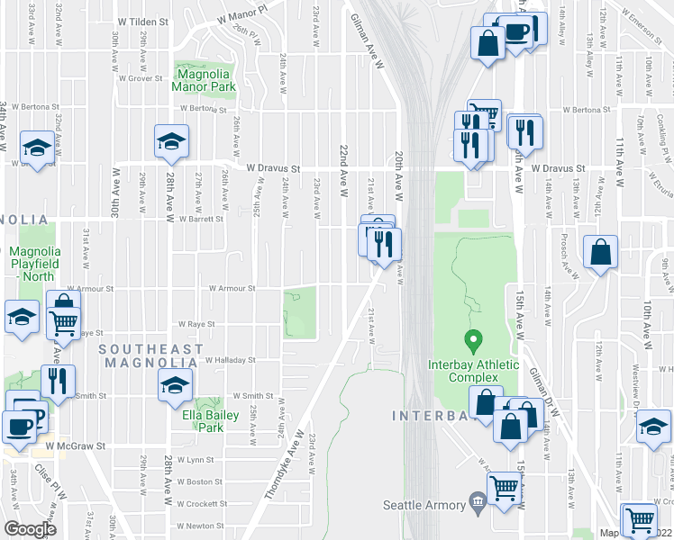 map of restaurants, bars, coffee shops, grocery stores, and more near 2653 22nd Avenue West in Seattle