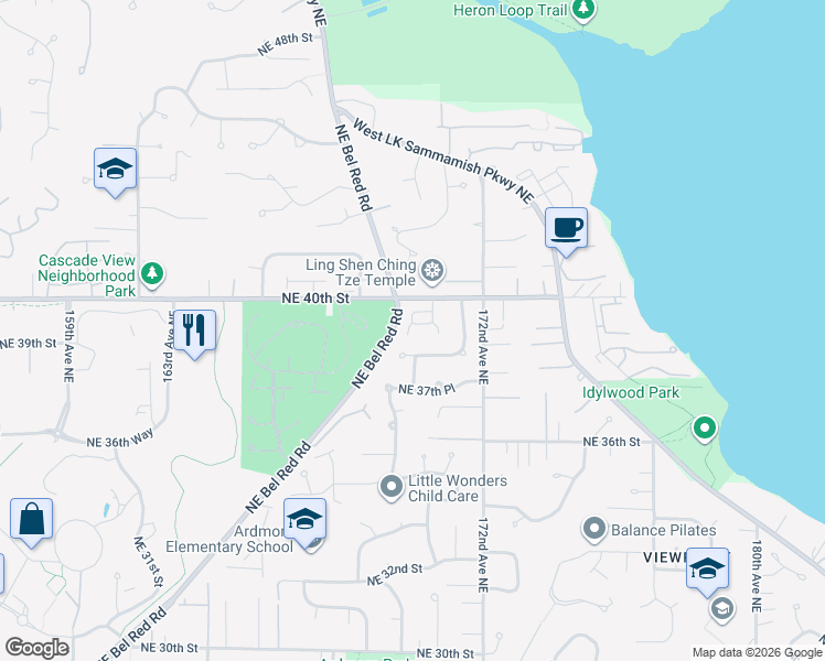 map of restaurants, bars, coffee shops, grocery stores, and more near 3833 170th Place Northeast in Bellevue