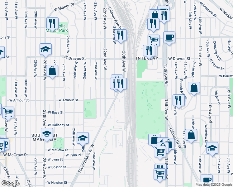 map of restaurants, bars, coffee shops, grocery stores, and more near 2663 Thorndyke Avenue West in Seattle