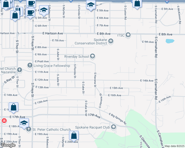 map of restaurants, bars, coffee shops, grocery stores, and more near 4232 East 11th Avenue in Spokane