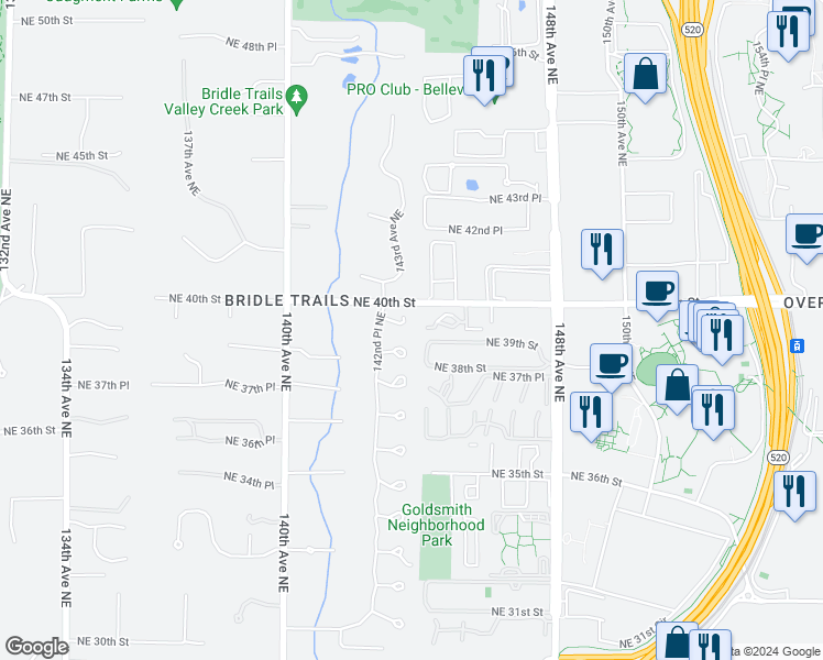 map of restaurants, bars, coffee shops, grocery stores, and more near 3908 142nd Place Northeast in Bellevue