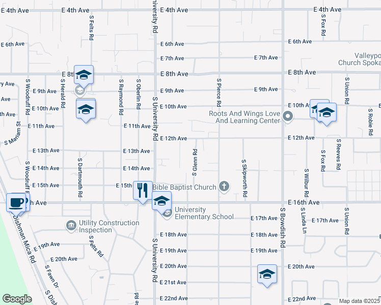 map of restaurants, bars, coffee shops, grocery stores, and more near 10908 East 12th Avenue in Spokane Valley