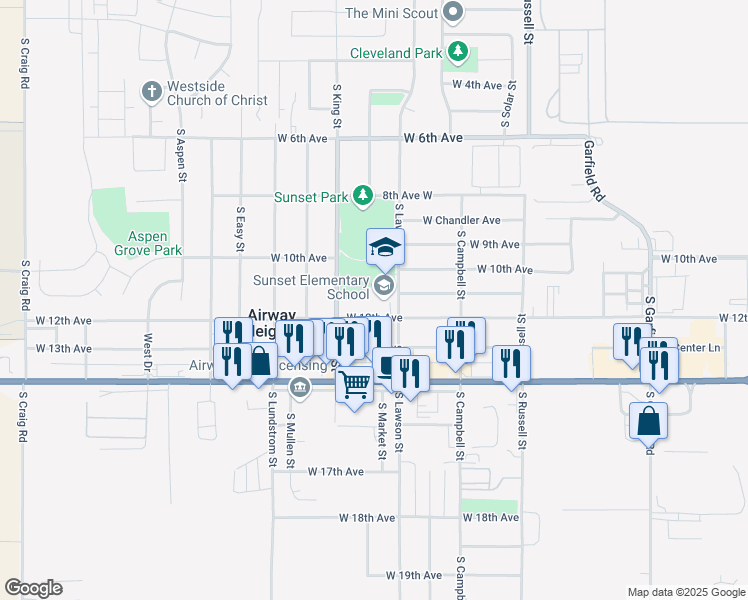 map of restaurants, bars, coffee shops, grocery stores, and more near 12824 West 12th Avenue in Airway Heights