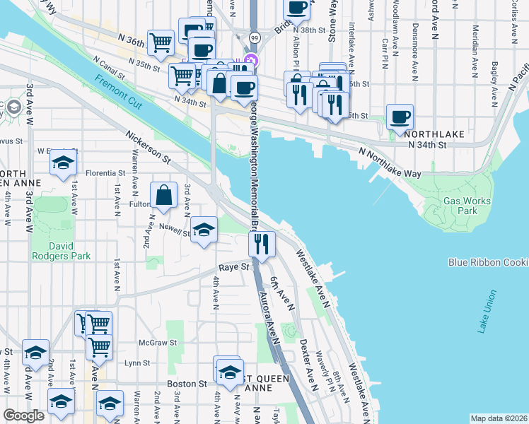 map of restaurants, bars, coffee shops, grocery stores, and more near 2766 Westlake Avenue North in Seattle