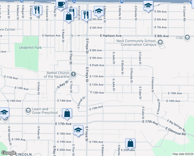map of restaurants, bars, coffee shops, grocery stores, and more near 1016 South Rebecca Street in Spokane
