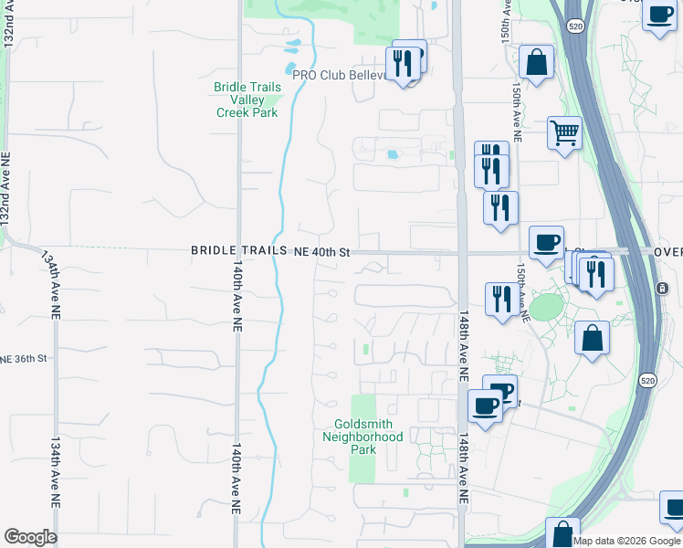 map of restaurants, bars, coffee shops, grocery stores, and more near 3908 142nd Place Northeast in Bellevue