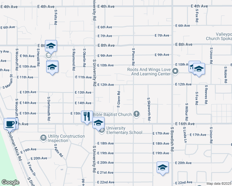 map of restaurants, bars, coffee shops, grocery stores, and more near 10908 East 12th Avenue in Spokane Valley