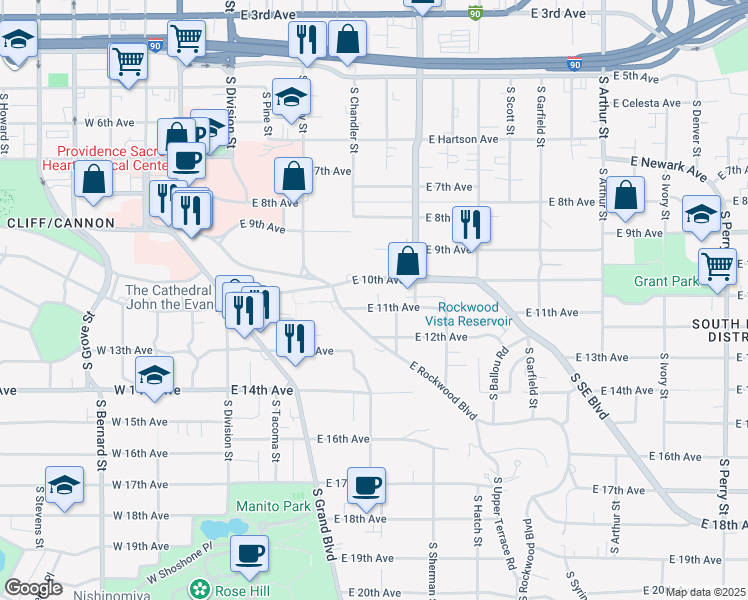 map of restaurants, bars, coffee shops, grocery stores, and more near 334 East 10th Avenue in Spokane