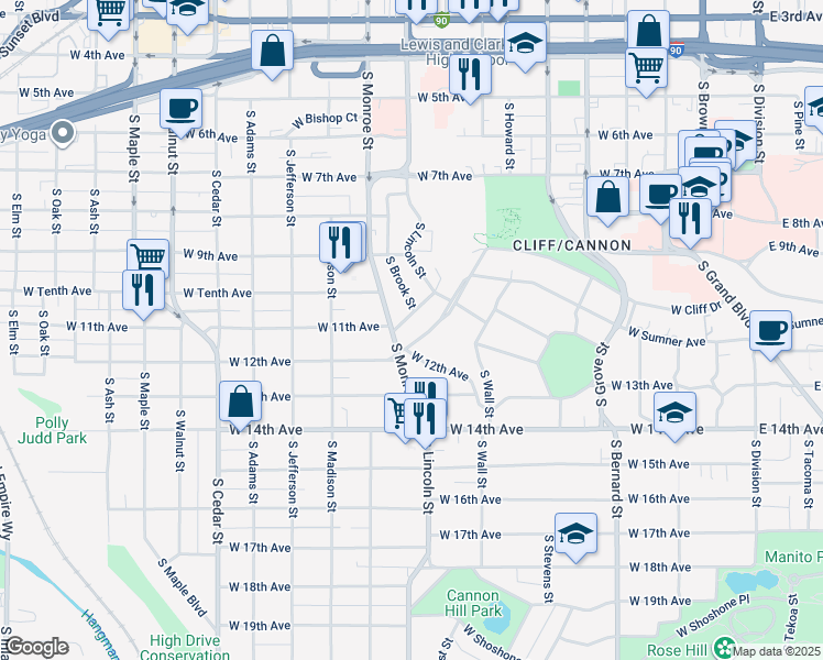 map of restaurants, bars, coffee shops, grocery stores, and more near 808 West 11th Avenue in Spokane