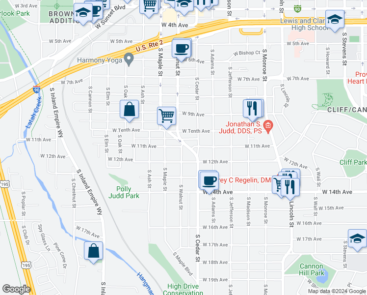 map of restaurants, bars, coffee shops, grocery stores, and more near 1421 West Tenth Avenue in Spokane