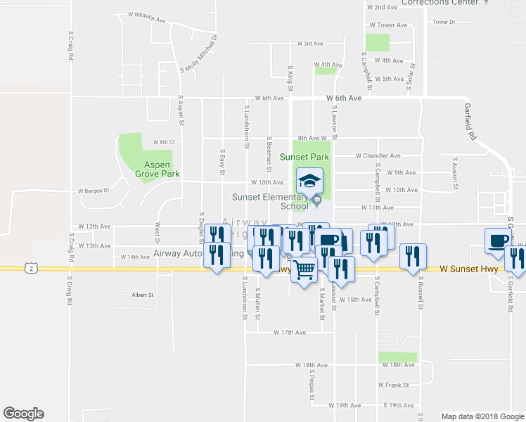 map of restaurants, bars, coffee shops, grocery stores, and more near 1021 South Lundstrom Street in Airway Heights