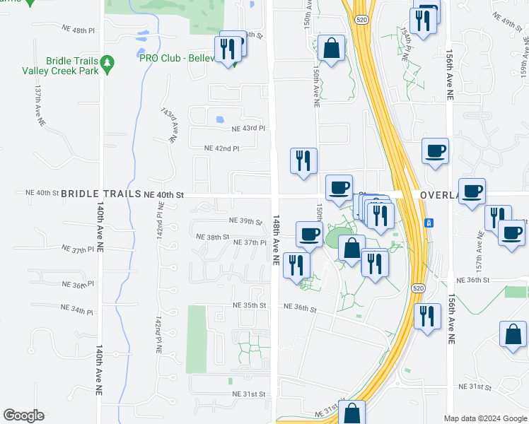 map of restaurants, bars, coffee shops, grocery stores, and more near 14701 Northeast 40th Street in Bellevue