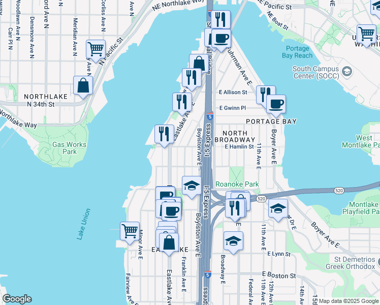 map of restaurants, bars, coffee shops, grocery stores, and more near 2803 Boylston Avenue East in Seattle