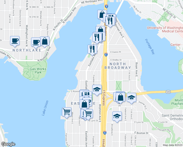 map of restaurants, bars, coffee shops, grocery stores, and more near 2810 Eastlake Avenue East in Seattle