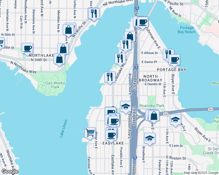 map of restaurants, bars, coffee shops, grocery stores, and more near 2808 Fairview Avenue East in Seattle