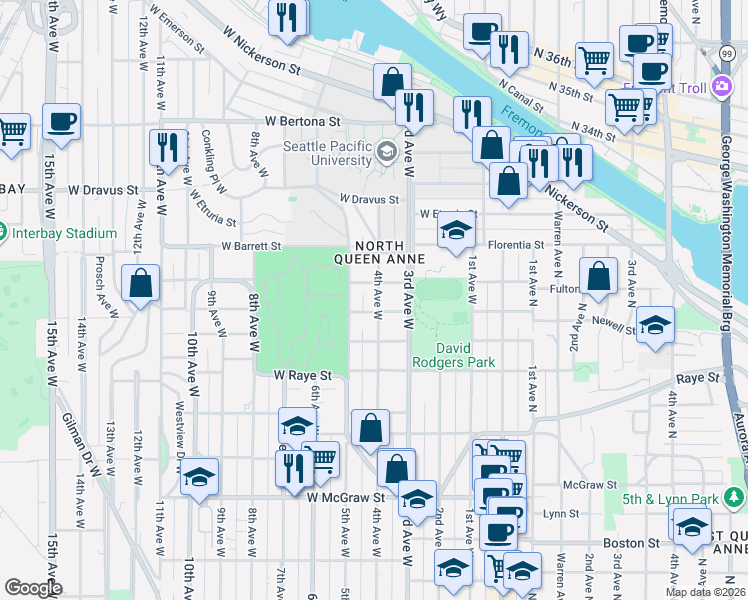 map of restaurants, bars, coffee shops, grocery stores, and more near 2903 4th Avenue West in Seattle