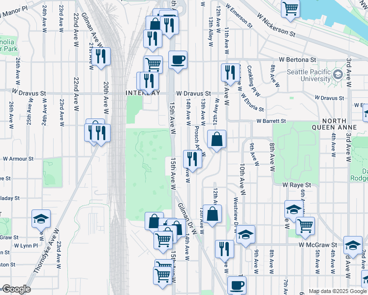 map of restaurants, bars, coffee shops, grocery stores, and more near 2834 15th Avenue West in Seattle