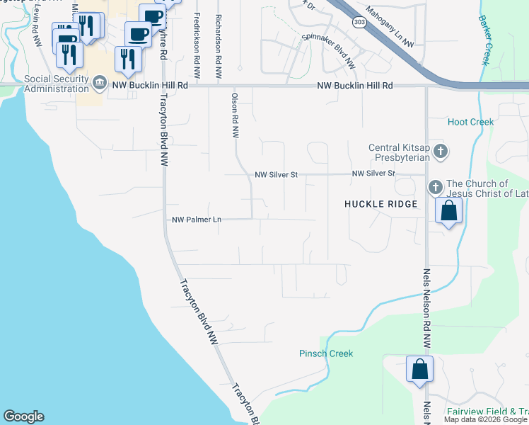 map of restaurants, bars, coffee shops, grocery stores, and more near 1566 Northwest Young Place in Bremerton