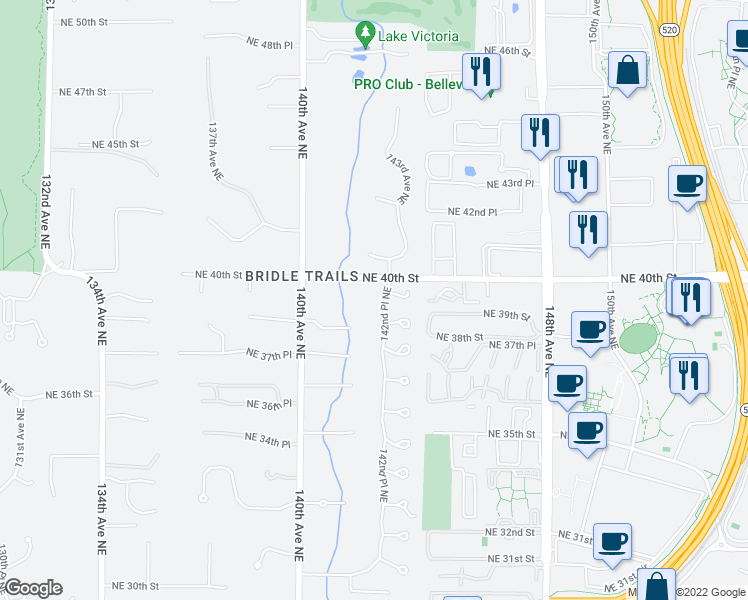 map of restaurants, bars, coffee shops, grocery stores, and more near 3903 142nd Place Northeast in Bellevue