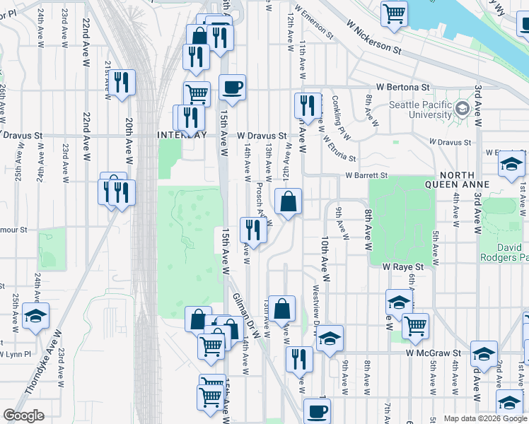 map of restaurants, bars, coffee shops, grocery stores, and more near 2840 14th Avenue West in Seattle